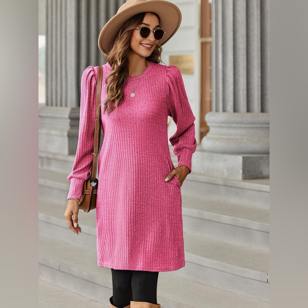 Ribbed Knit Puff Sleeve Casual Mini Dress